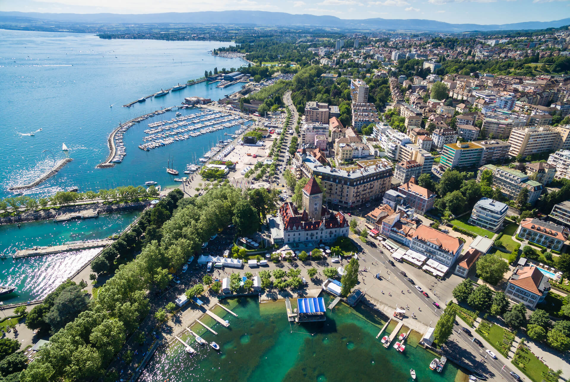 Aerial view of Ouchy waterfront in Lausanne Switzerland
